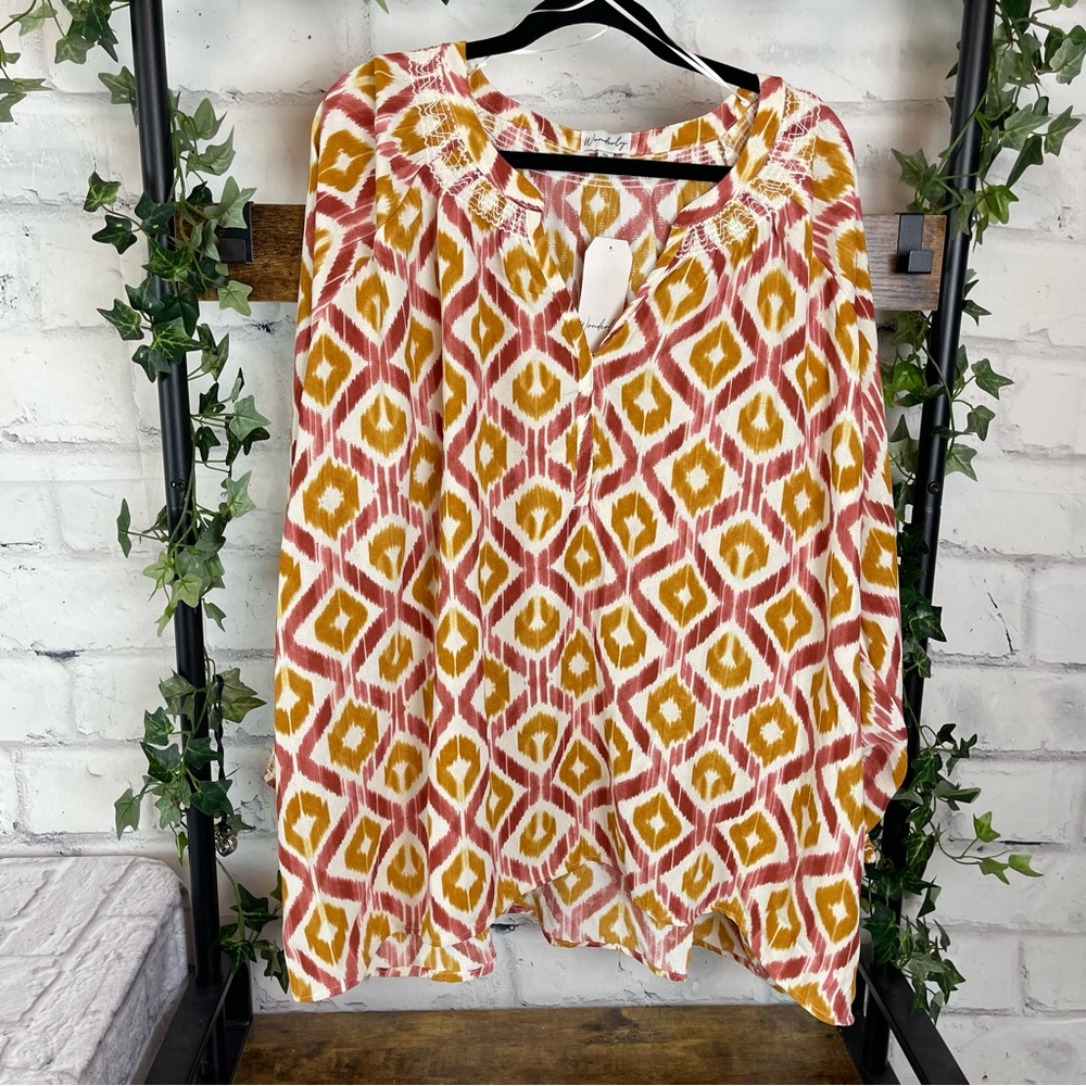 Wonderly Mauve & Green Geometric Blouse, 3X